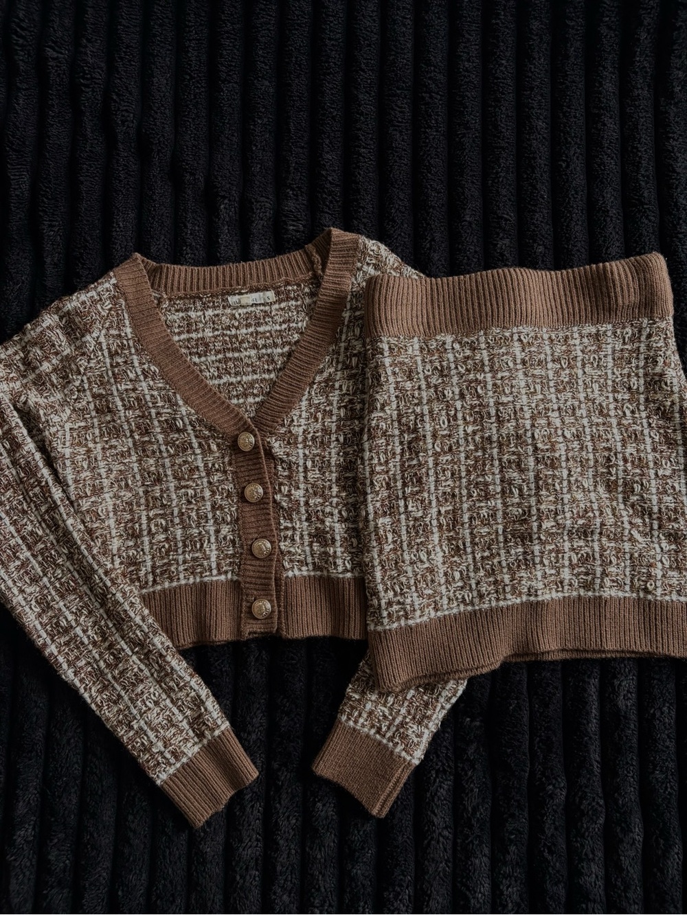 brown and beige cropped set with skirt